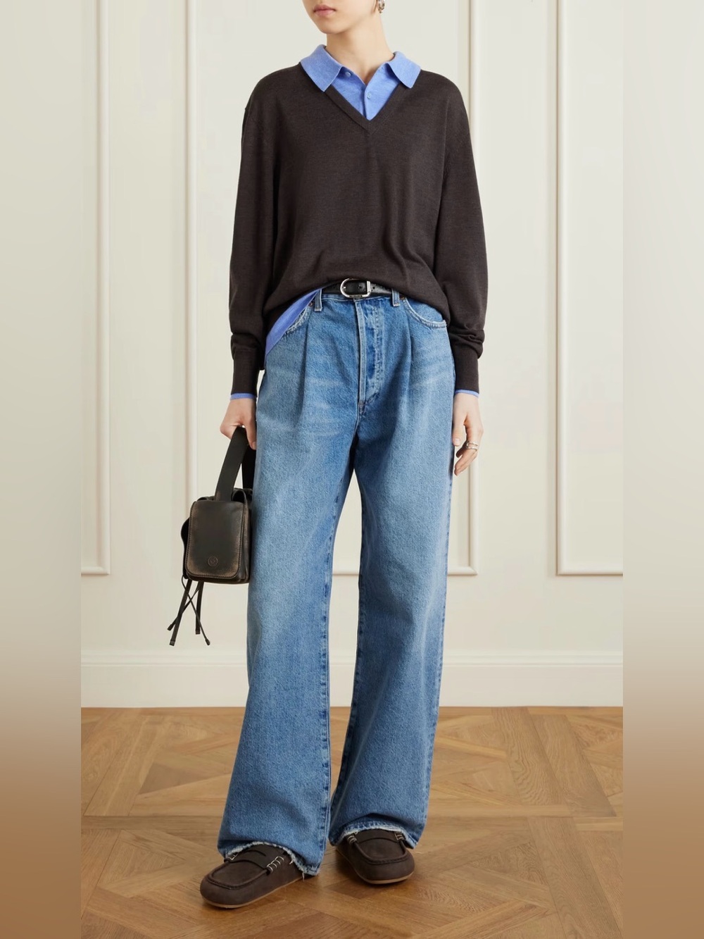 Acne Studios Kascha V-Neck Layered Polo Sweater Pullover, Brown and Blue